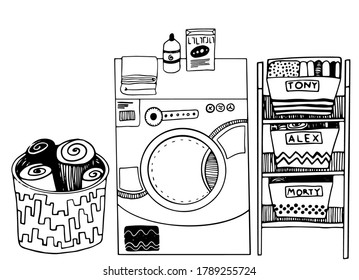 vector free hand drawn washer with basket and rack with clothes