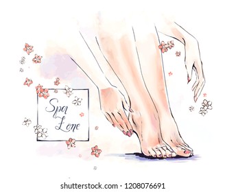 Vector free hand illustration of body care, salon of manicure and pedicure. Close up of elegant beautiful woman legs and hands. Watercolor coloring with floral background. 