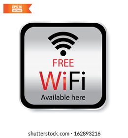 Vector: Free wifi available here sign with black and silver square isolated. Eps10.