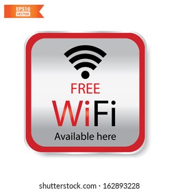 Vector: Free wifi available here sign with red and silver square isolated. Eps10.