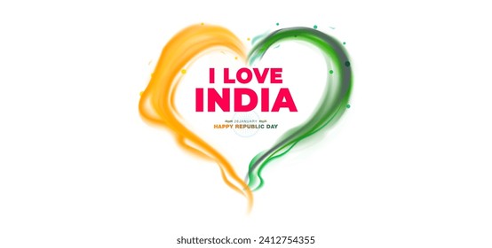 Vector, Freedom, democracy and patriotism Creative concept. India Republic Day with tricolor heart design and I love india text. Poster banner and Greeting card for 26 january celebration.