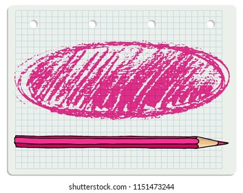 Vector freeform pink strokes doodle oval blank frame and a pencil. Hand drawn border illustration over chequered notebook page.