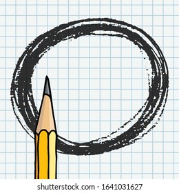 Vector freeform round strokes doodle blank frame and a graphite pencil. Hand drawn border illustration over chequered notebook page.