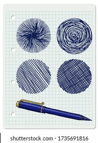 Vector freeform round strokes doodle blank frames set and a blue ballpoint pen. Hand drawn border illustration over chequered notebook page.