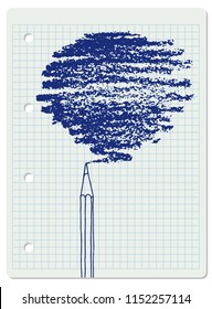 Vector freeform strokes doodle blank frame and a pencil. Hand drawn border illustration over chequered notebook page.