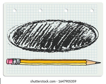Vector freeform strokes doodle blank frame and a graphite pencil. Hand drawn border illustration over chequered notebook page.