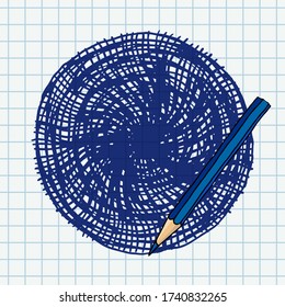 Vector freeform strokes doodle blank frame and a pencil. Hand drawn border illustration over chequered notebook page.