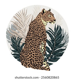 Vector freehand abstract illustration of a sessile leopard and tropical leaves isolated on a white background. Hand drawn leo. Flat graphics. Postcard design, print