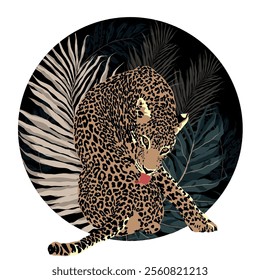 Vector freehand abstract illustration of a sessile leopard and tropical leaves isolated on a white background. Hand drawn leo. Flat graphics. Postcard design, print