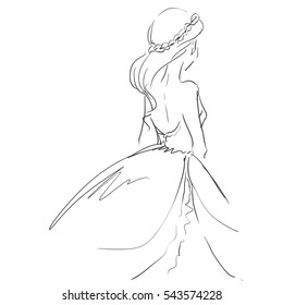 Vector freehand art  with elegant young woman in evening dress. Standing girl in full length. Scribble type image drawing by black lines.