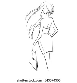 Vector freehand art  with elegant young woman in evening dress. Standing girl in full length. Scribble type image drawing by black lines.
