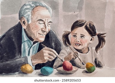 Vetor mão livre autêntica aquarela família Páscoa ilustração de avô e neta colorir ovos. Aquarela desenhada à mão sstkEaster. Feliz cartão de Páscoa, papel de parede, banner 