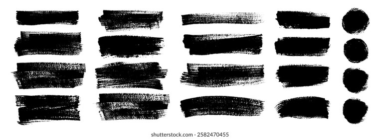 Vector freehand brush strokes and round shapes. Black brush elements rough and textured. Thick textured lines isolated on white background. Set of horizontal highlight underline