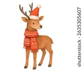 Vector freehand cartoon illustration of a deer in watercolor isolated on white background. Hand drawn watercolour Christmas reindeer	
