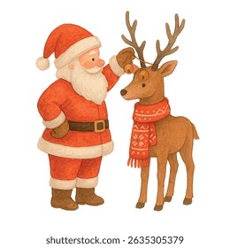 Vector freehand cartoon illustration of a deer and Santa Claus in watercolor isolated on white background. Hand drawn watercolour Christmas reindeer	