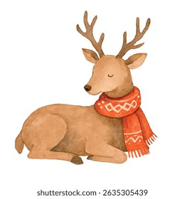 Vector freehand cartoon illustration of a deer in watercolor isolated on white background. Hand drawn watercolour Christmas reindeer	