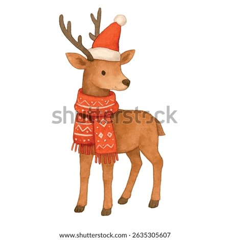 Vector freehand cartoon illustration of a deer in watercolor isolated on white background. Hand drawn watercolour Christmas reindeer	