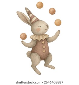 Ilustração em aquarela para crianças à mão livre de vetor de uma lebre malabarismo circo. Coelho aquarela desenhado à mão. Concepção de tecidos, papel para embalagem e cartões postais