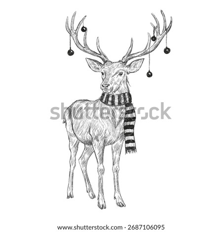 Vector freehand Christmas deer a scarf scribble isolated on white background. Texture of writing materials. Handwritten christmases reindeer doodles and pencil strokes.	
