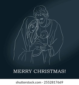 Vector freehand Christmas line art scene is an artistic depiction of the Nativity of Christ, including Mary, Joseph and the baby Jesus, highlighted on a white background. Hand drawn of linear style