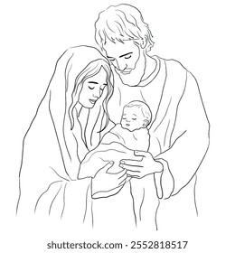 Vector freehand Christmas line art scene is an artistic depiction of the Nativity of Christ, including Mary, Joseph and the baby Jesus, highlighted on a white background. Hand drawn of linear style