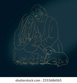 Vector freehand Christmas line art scene is an artistic depiction of the Nativity of Christ, including Mary, Joseph and the baby Jesus. Golden hand drawn of linear style