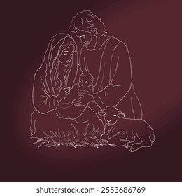 Vector freehand Christmas line art scene is an artistic depiction of the Nativity of Christ, including Mary, Joseph and the baby Jesus, highlighted on a white background. Hand drawn of linear style