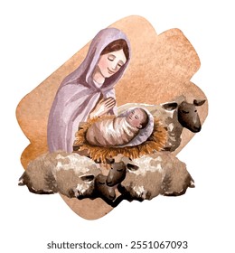 Vector freehand Christmas scene is an artistic watercolor depiction of the Nativity of Christ, including Mary, baby Jesus isolated on a white background. Hand drawn watercolour card