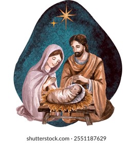 Vector freehand Christmas scene is an artistic watercolor depiction of the Nativity of Christ, including Mary, Joseph, baby Jesus isolated on a white background. Hand drawn watercolour card