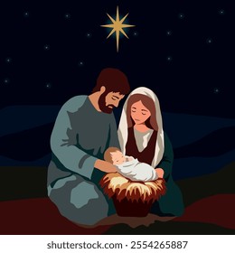 Vector freehand Christmas scene is an artistic depiction of the Nativity of Christ, including Mary, Joseph, baby Jesus isolated on a white background. Hand drawn flat graphic