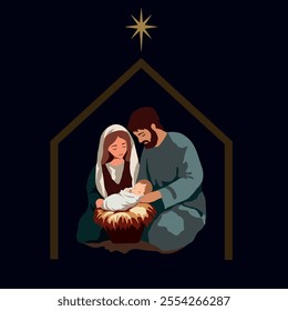 Vector freehand Christmas scene is an artistic depiction of the Nativity of Christ, including Mary, Joseph, baby Jesus isolated on a white background. Hand drawn flat graphic