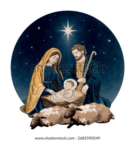 Vector freehand Christmas scene is an artistic watercolor depiction of Nativity of Christ, including Mary, Joseph, baby Jesus isolated on a white background. Hand drawn watercolour catholic card	
