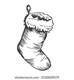 Vector Freehand Christmas Sock scribble isolated on white background. Texture of writing materials. Handwritten christmases doodles and pencil strokes. 