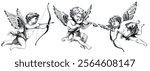 Vector freehand collection Cupids scribble isolated on white background. Texture of writing materials. Handwritten valentines doodles and pencil strokes. Hand drawn gold set Cupidon line art