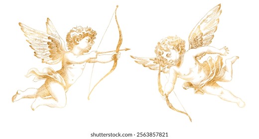 Vector freehand collection golden Cupid scribble isolated on white background. Texture of writing materials. Handwritten valentines doodles and pencil strokes. Hand drawn gold set Cupidon line art