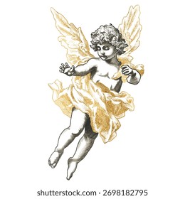 Mão livre vetor Cupido rabisco isolado no fundo branco. Textura de materiais de escrita. Garatujas manuscritas dos namorados, traços de lápis. Mão desenhada cupidinosa. Arte em linha, esboço Barroco 