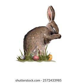 Vector a mano alzada lindo conejo de Pascua de la acuarela y coloridos huevos de Pascua, aislados en un fondo blanco. Perfecto para diseños de primavera y vacaciones, tarjetas de felicitación. Conejo dibujado a mano