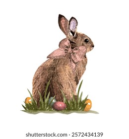 Vector a mano alzada lindo conejo de Pascua de la acuarela y coloridos huevos de Pascua, aislados en un fondo blanco. Perfecto para diseños de primavera y vacaciones, tarjetas de felicitación. Conejo dibujado a mano