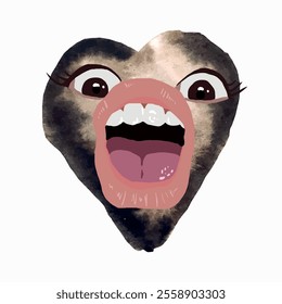 Vector freehand cute watercolor heart with expressive face, eyes and mouth on a white isolated white background. Hand drawn watercolour drawing for Valentine's Day. Illustration. Mocha Mousse colour 