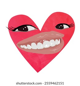 Vector freehand cute watercolor red heart with expressive face, eyes and mouth on a white isolated white background. Hand drawn watercolour drawing for Valentine's Day. Illustration.