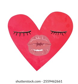 Vector freehand cute watercolor red heart with expressive face, eyes and mouth on a white isolated white background. Hand drawn watercolour drawing for Valentine's Day. Illustration.