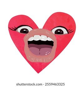 Vector freehand cute watercolor red heart with expressive face, eyes and mouth on a white isolated white background. Hand drawn watercolour drawing for Valentine's Day. Illustration.