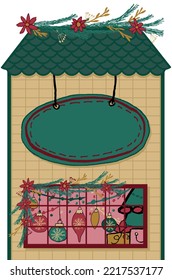 Dibujo vectorial a mano alzada de una fachada de edificio con una cartelera vacía y una ventana decorada con decoración navideña. Simple clipart de caricatura aislado sobre fondo transparente