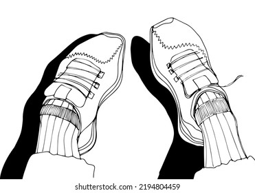 vector freehand drawing first person view of legs shod in sneakers with shadow from them. isolated on white background. useful for shoe store, footwear, outdoor recreation, print, poster, hiking, card