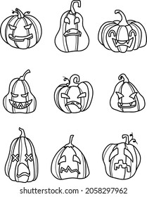 Vector freehand drawing of halloween pumpkins with different emotions