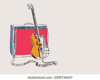 Vector freehand drawing illustration of an electric guitar and amplifier with a copy space for your text, scalable to all sizes