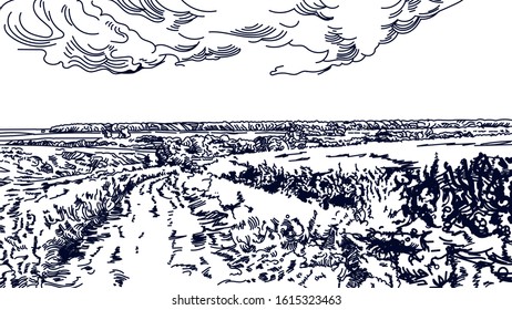 Vector freehand drawing landscape of field and road