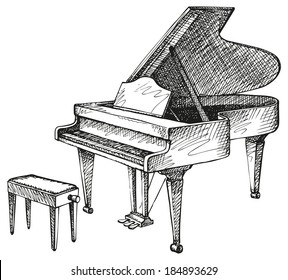 Vector freehand drawing of an open grand piano and stool for a musician