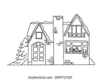 Vector freehand drawing with a small cozy house decorated for Christmas and New Year. The outline of a brick house.