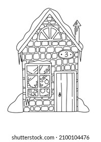Vector freehand drawing with a small cozy house decorated for Christmas and New Year. The outline of a stone house.